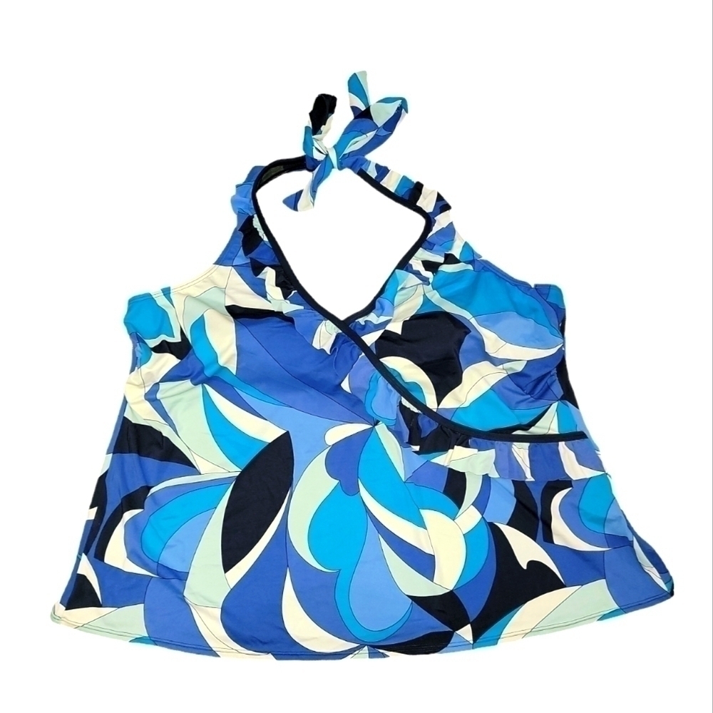 5/$25 Avenue swim size 28 bathing suit top. Ties around neck ruffle accents